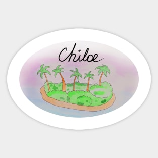 Chiloe watercolor Island travel, beach, sea and palm trees. Holidays and rest, summer and relaxation Sticker